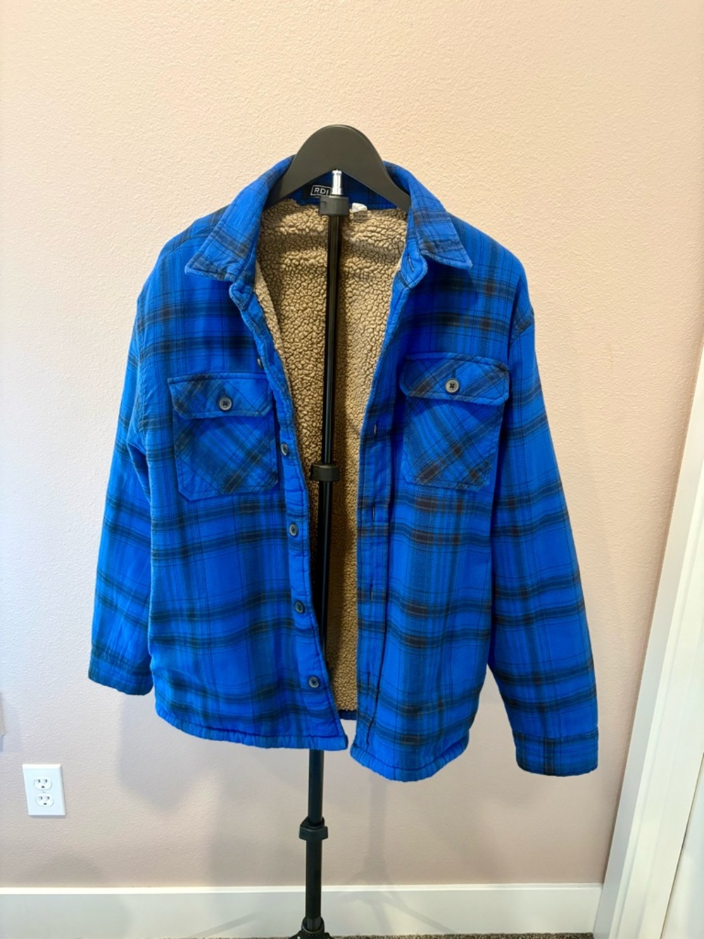 RDI Blue and Black Plaid Sherpa-Lined Cardigan